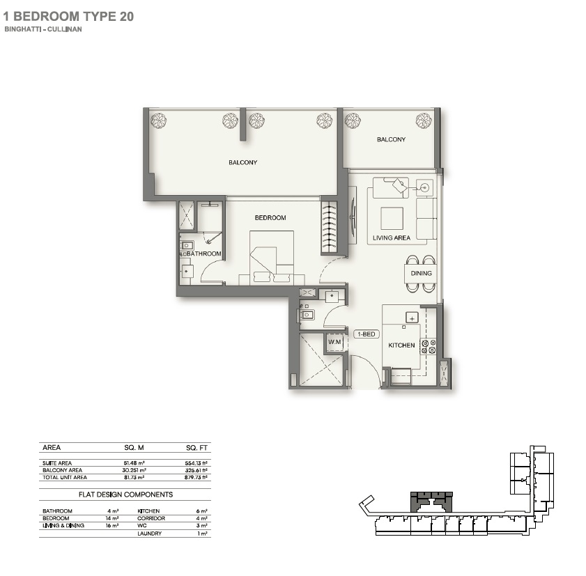 Binghatti Cullinan 1 Bed Layout