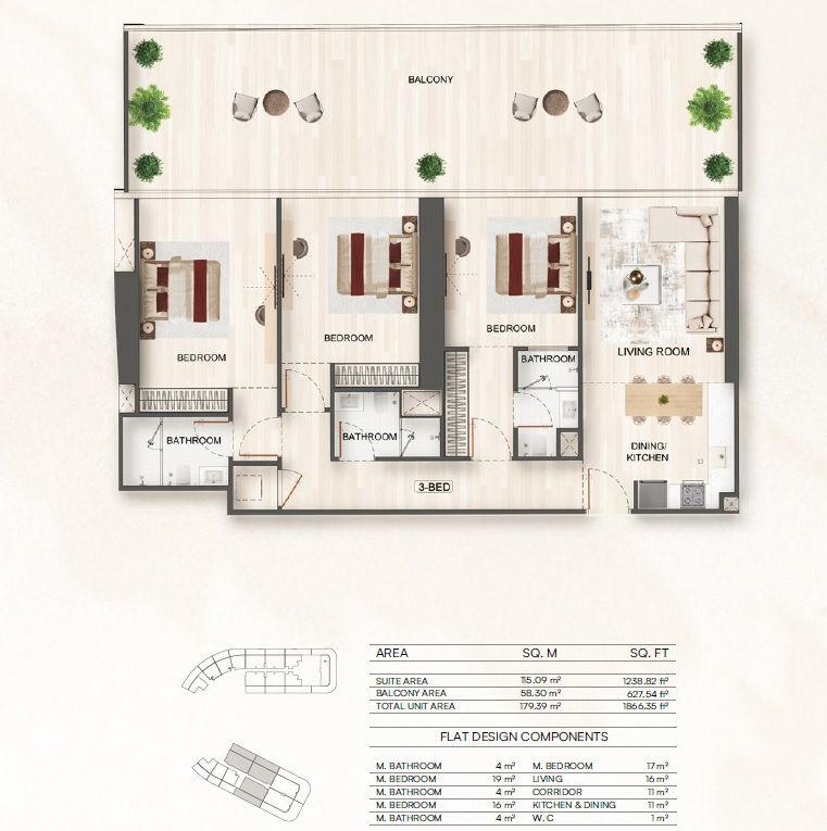 Binghatti Flare 3 Beds Layout