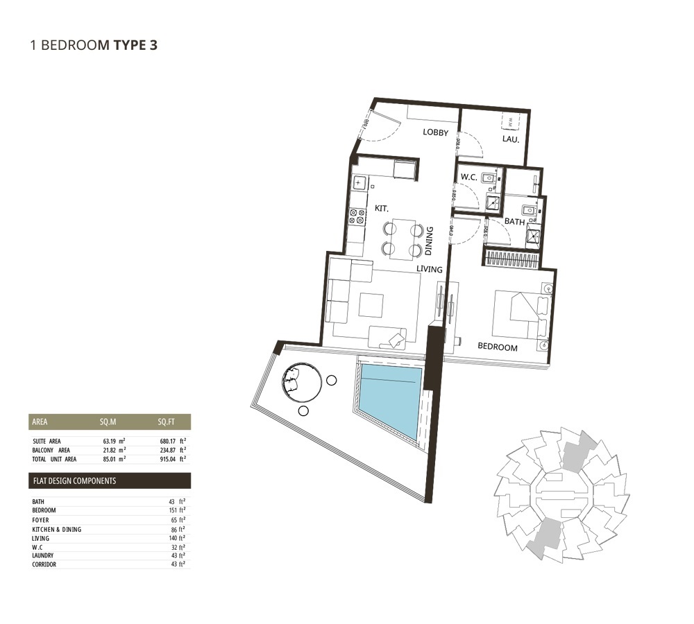 Binghatti Grove 1 Bed Layout