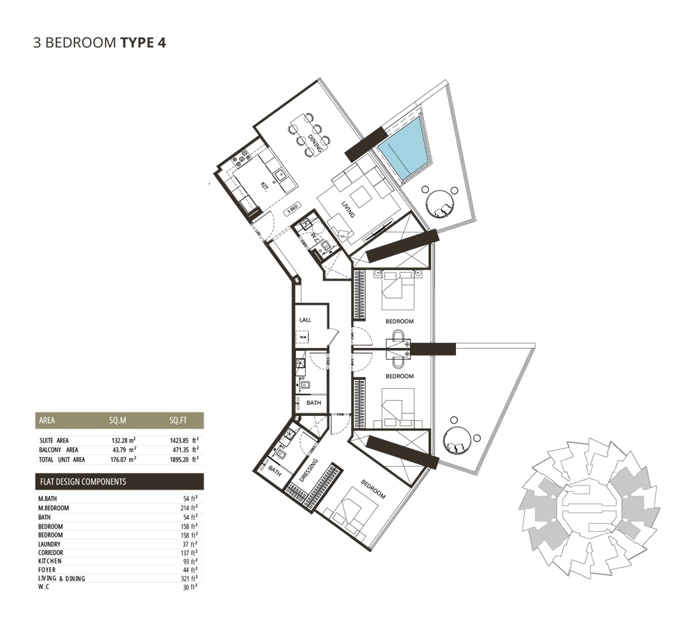 Binghatti Grove 3 Beds Layout