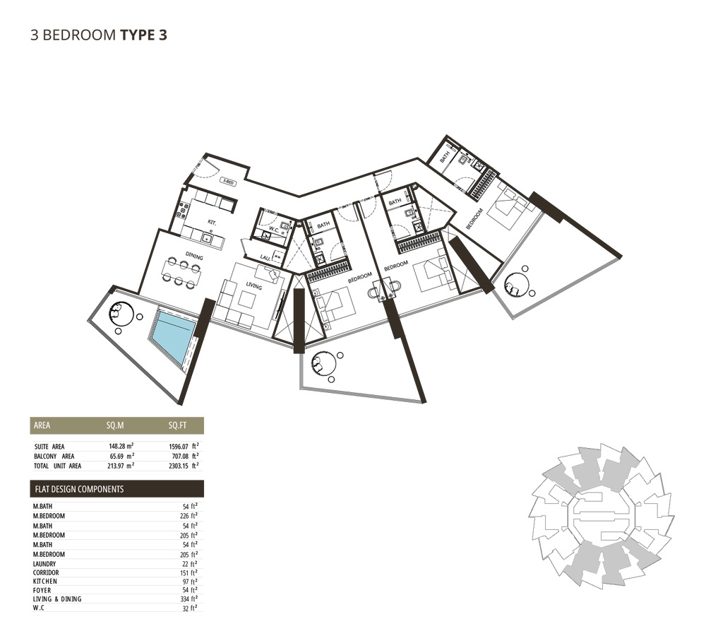Binghatti Grove 3 Beds Layout