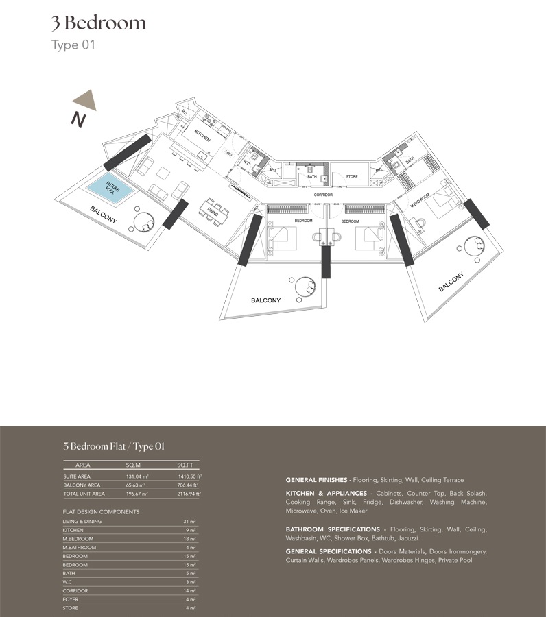 Binghatti Phantom 3 Beds Layout