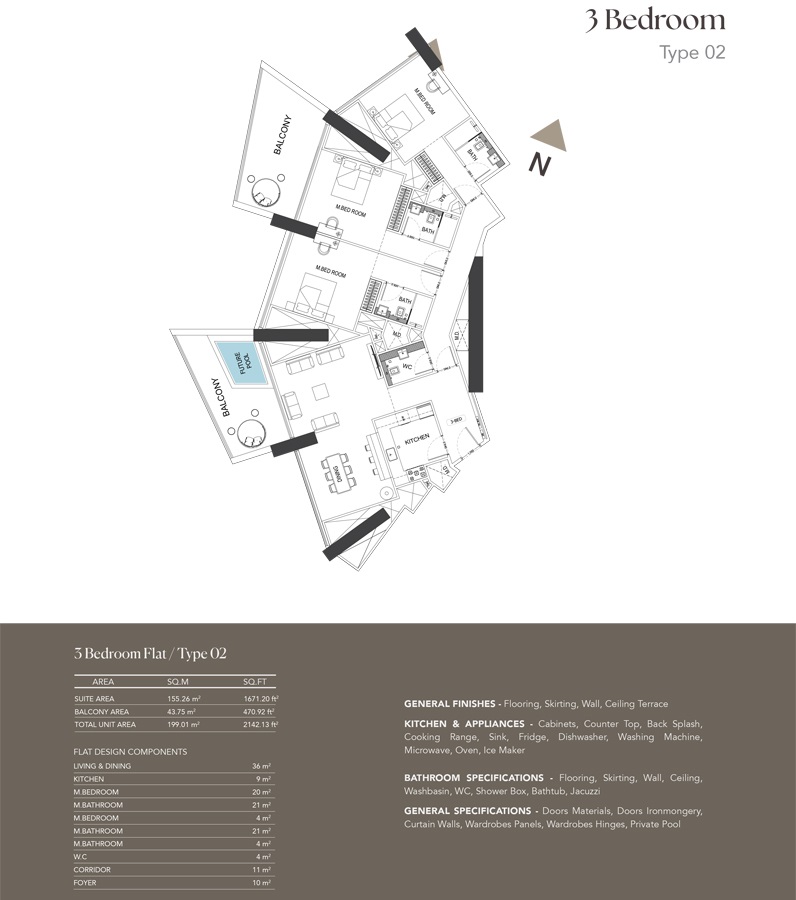 Binghatti Phantom 3 Beds Layout