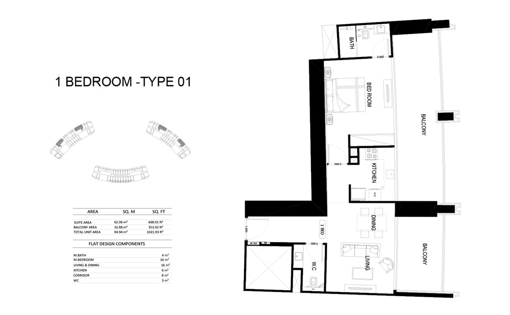 Binghatti Skyrise 1 Bed Layout