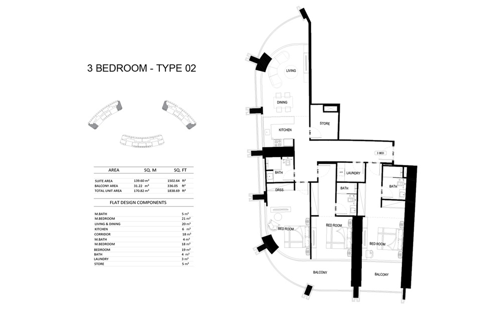 Binghatti Skyrise 3 Beds Layout