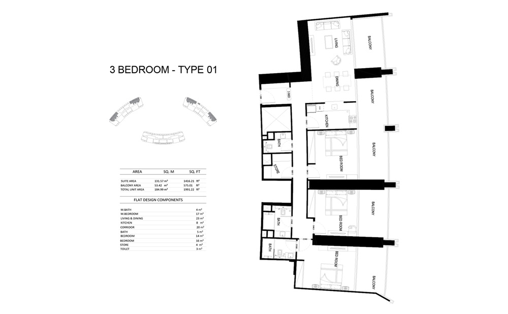 Binghatti Skyrise 3 Beds Layout