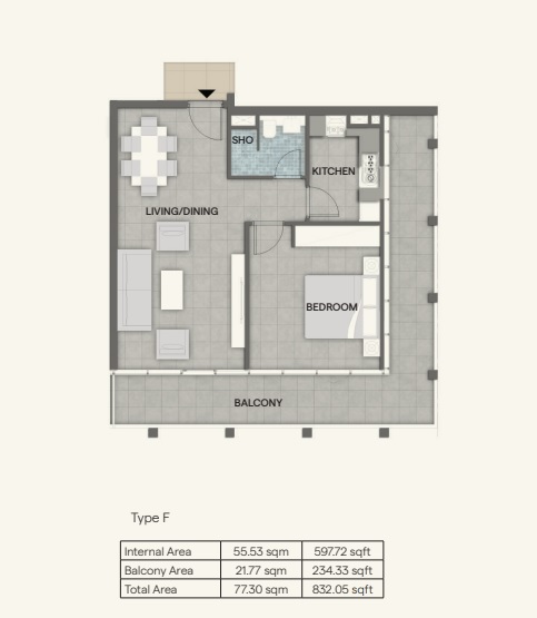 Bloom Tower 1 Bed Layout