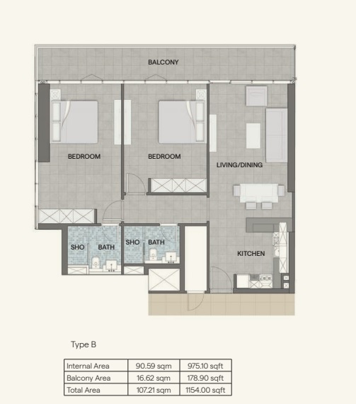 Bloom Tower 2 Beds Layout