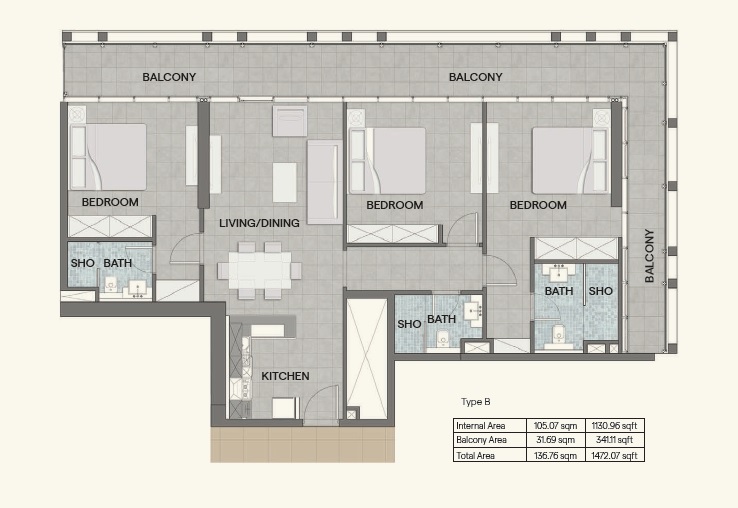 Bloom Tower 3 Beds Layout