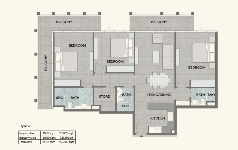 Bloom Tower 3 Beds Layout
