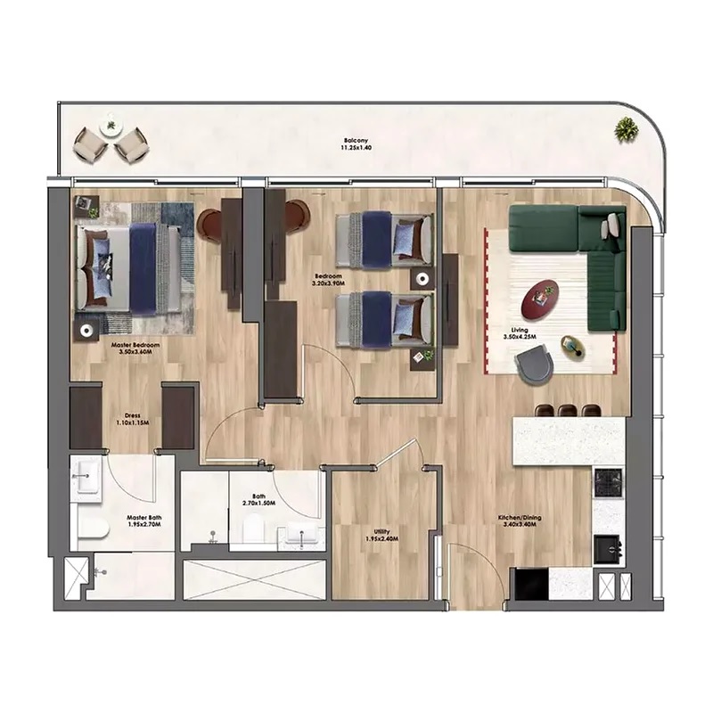 2 Beds 990 Sq. Ft. Apartment in City View Velos Residence