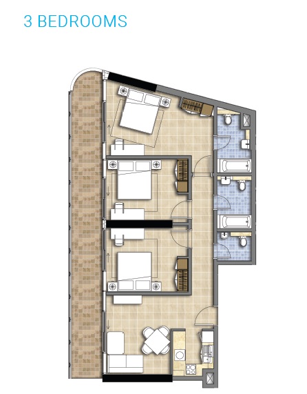 Damac Merano Tower 3 Beds Layout