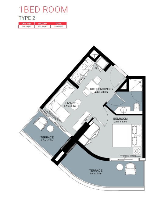 Damac Zada Residences 1 Bed Layout