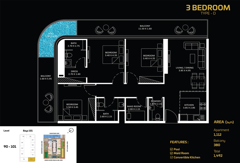 Danube Bayz 101 3 Beds Layout