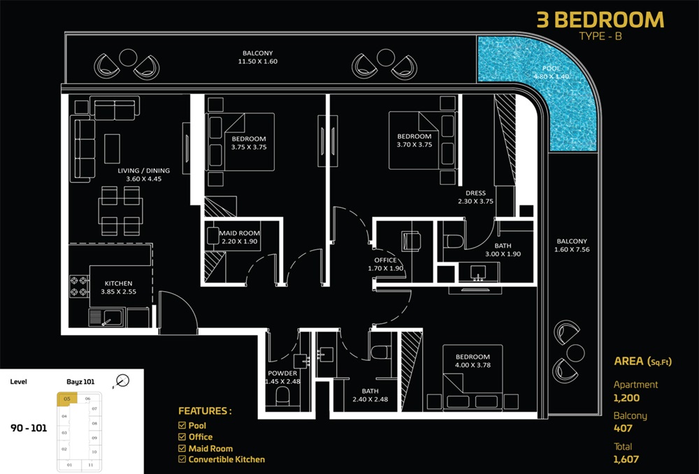 Danube Bayz 101 3 Beds Layout