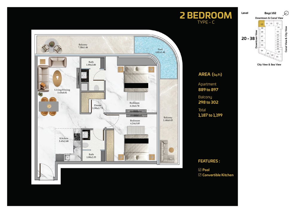 Danube Bayz 102 2 Beds Layout