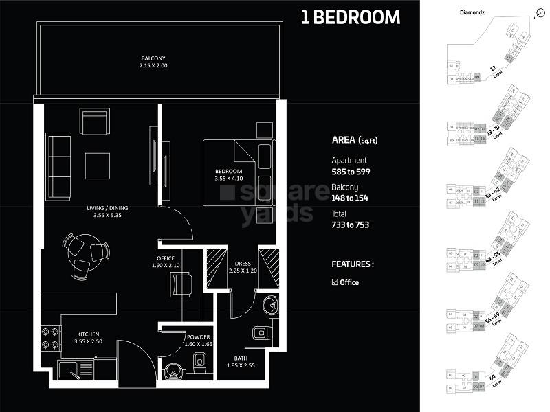 Danube Diamondz 1 Bed Layout