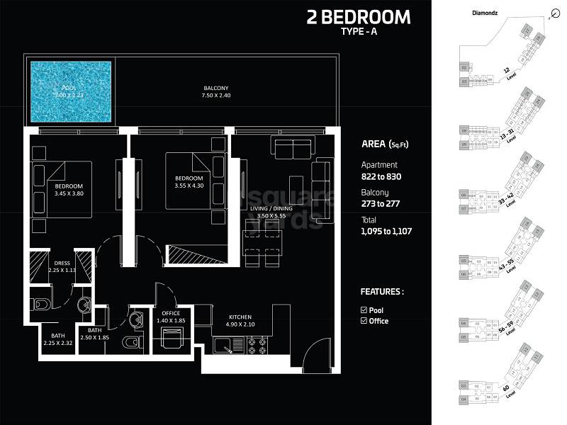 Danube Diamondz 2 Beds Layout
