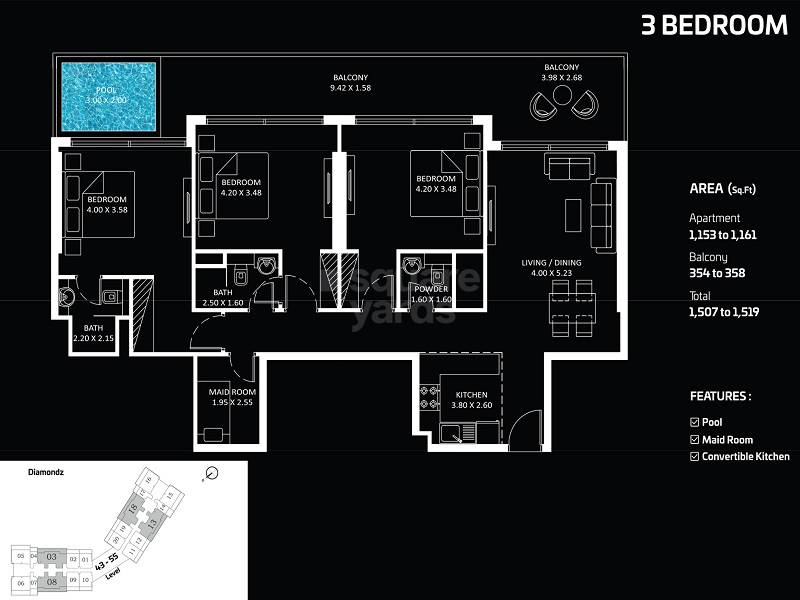 Danube Diamondz 3 Beds Layout