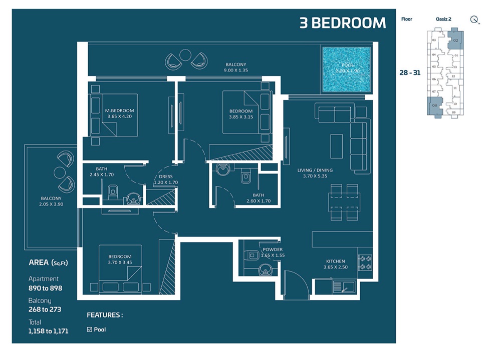 Danube Oasiz 2 3 Beds Layout