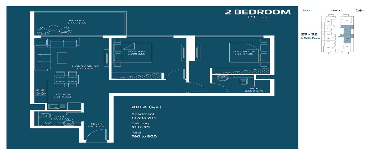 Danube Oasiz 2 Beds Layout