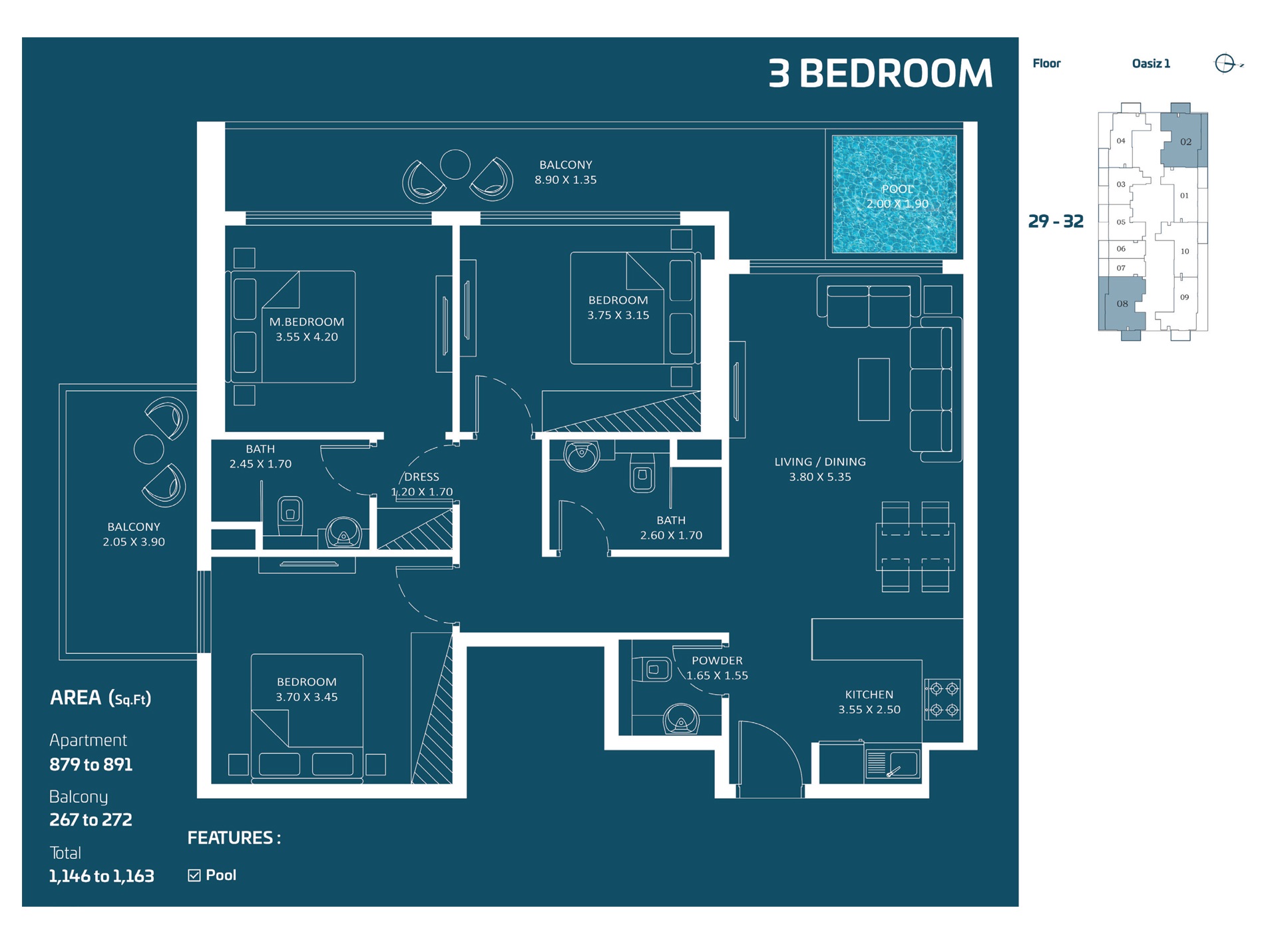 Danube Oasiz 3 Beds Layout