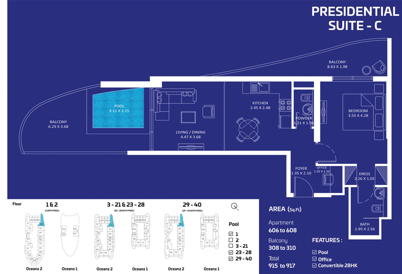 Danube Oceanz 1 Bed Layout