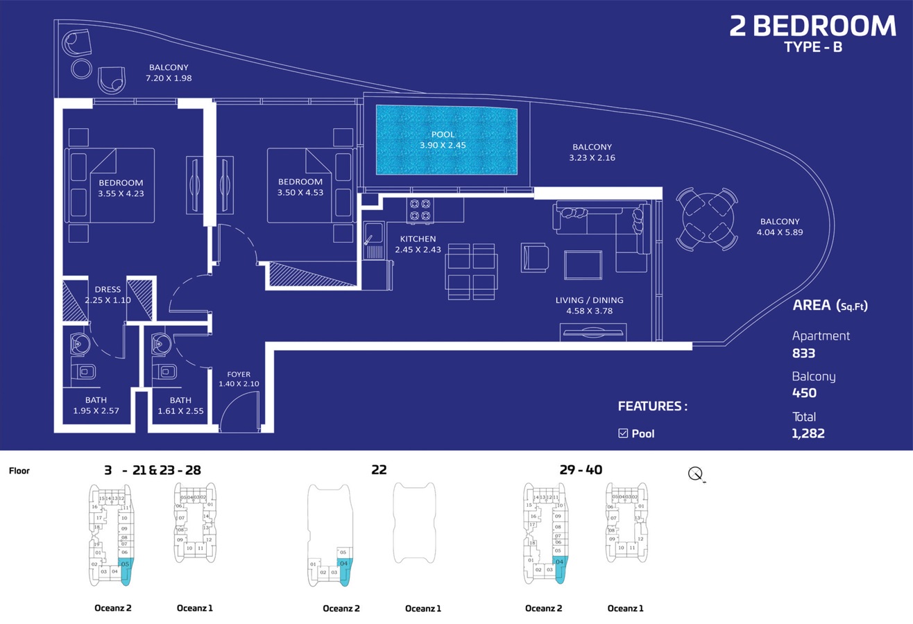 Danube Oceanz 2 Beds Layout