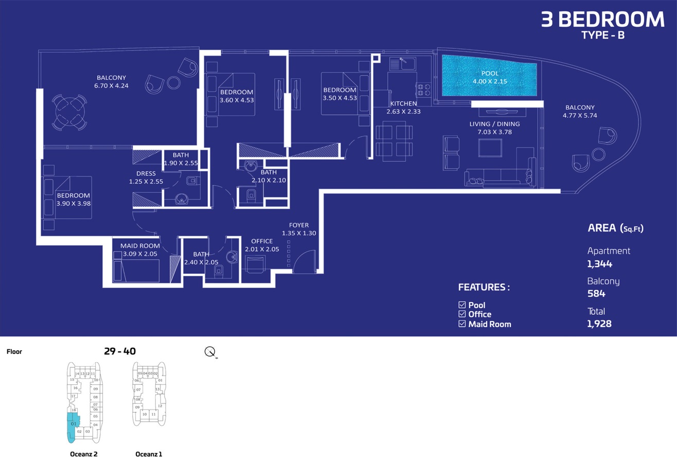 Danube Oceanz 3 Beds Layout