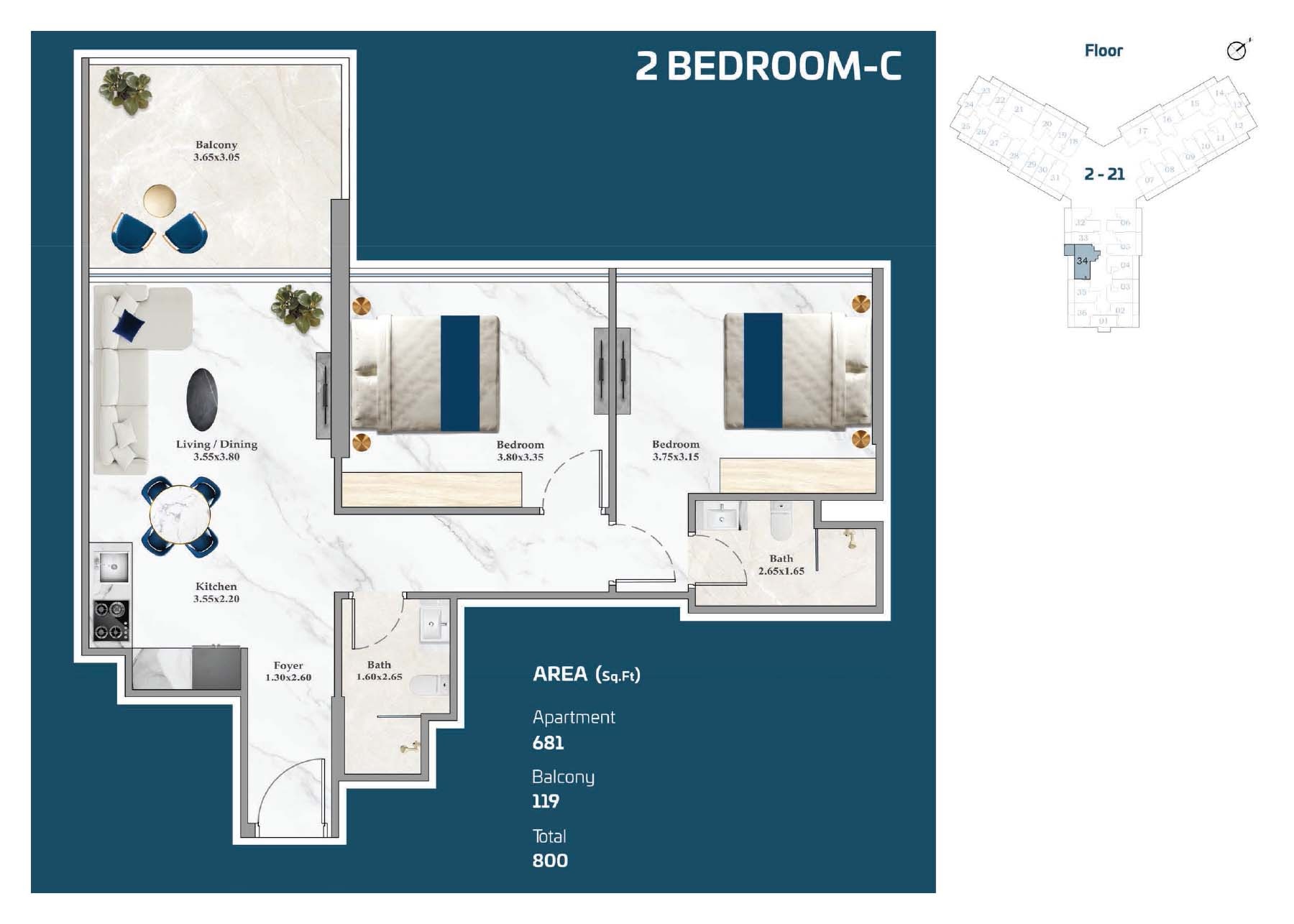Danube Timez 2 Beds Layout