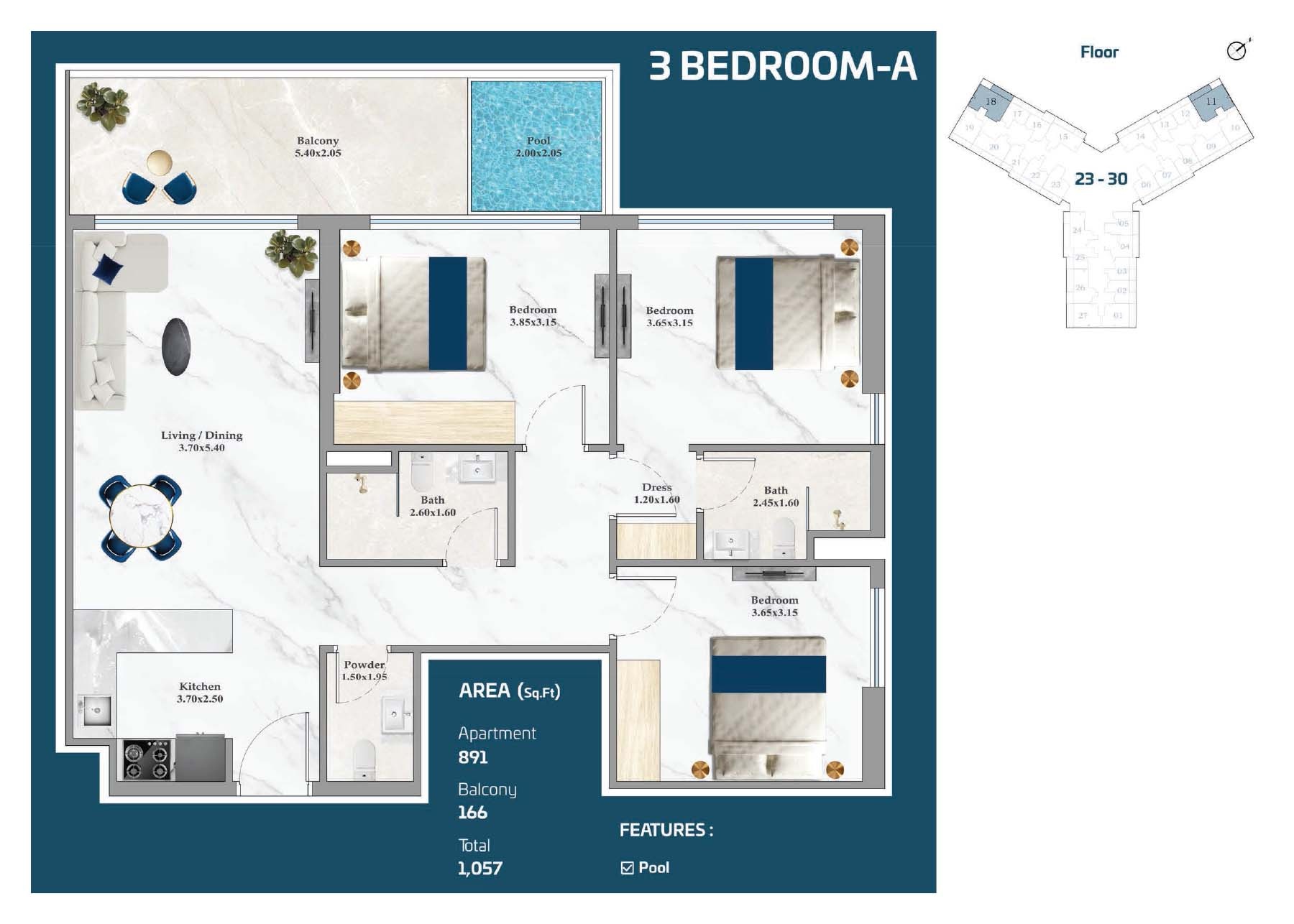 Danube Timez 3 Beds Layout