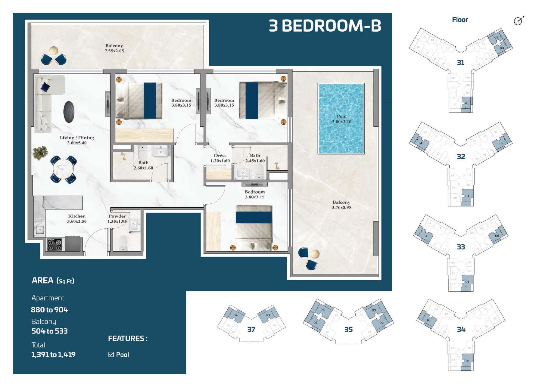 Danube Timez 3 Beds Layout
