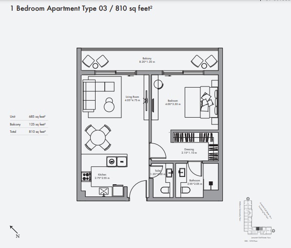 Deyaar Jannat Apartments 1 Bed Layout
