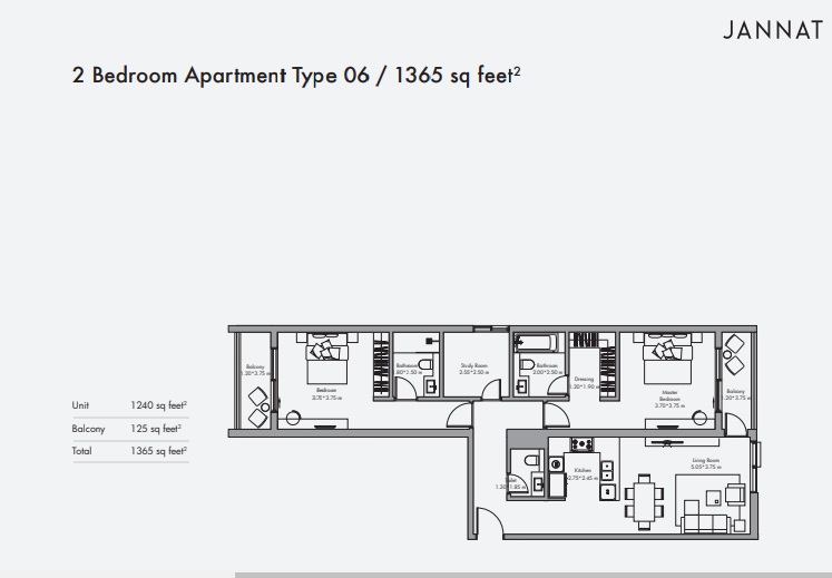 Deyaar Jannat Apartments 2 Beds Layout