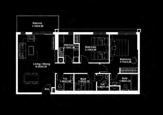 Deyaar Midtown 2 Beds Layout