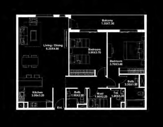 Deyaar Midtown 2 Beds Layout