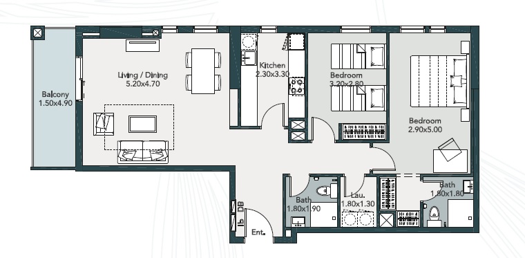 Deyaar Midtown Mesk 2 Beds Layout