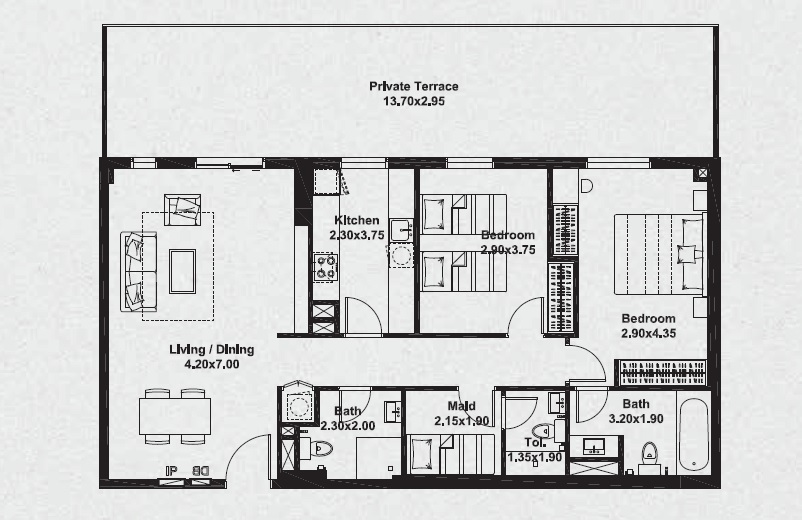 Deyaar Midtown Noor 2 Beds Layout