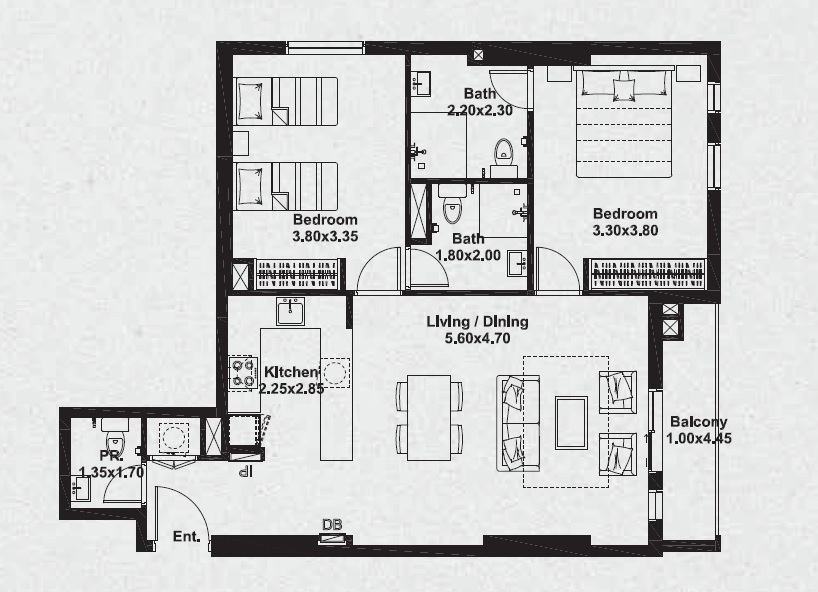 Deyaar Midtown Noor 2 Beds Layout
