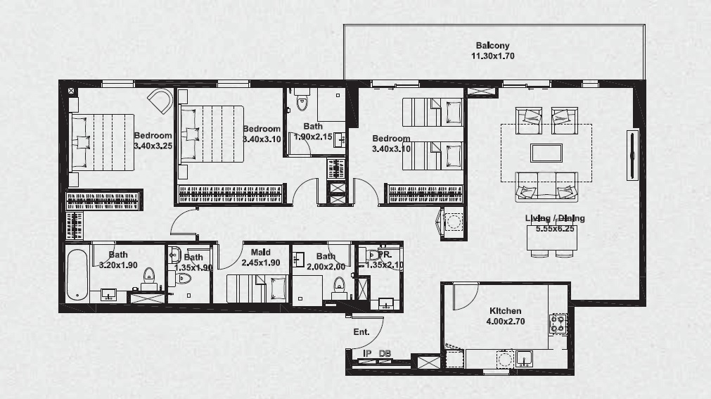 Deyaar Midtown Noor 3 Beds Layout
