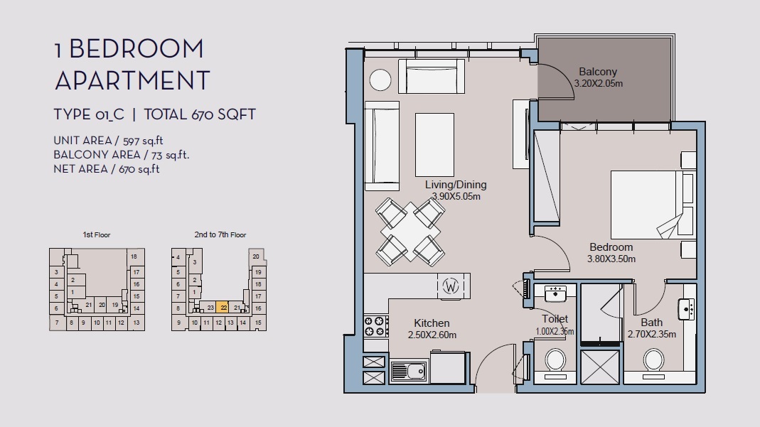 Deyaar Millennium Talia Residences 1 Bed Layout