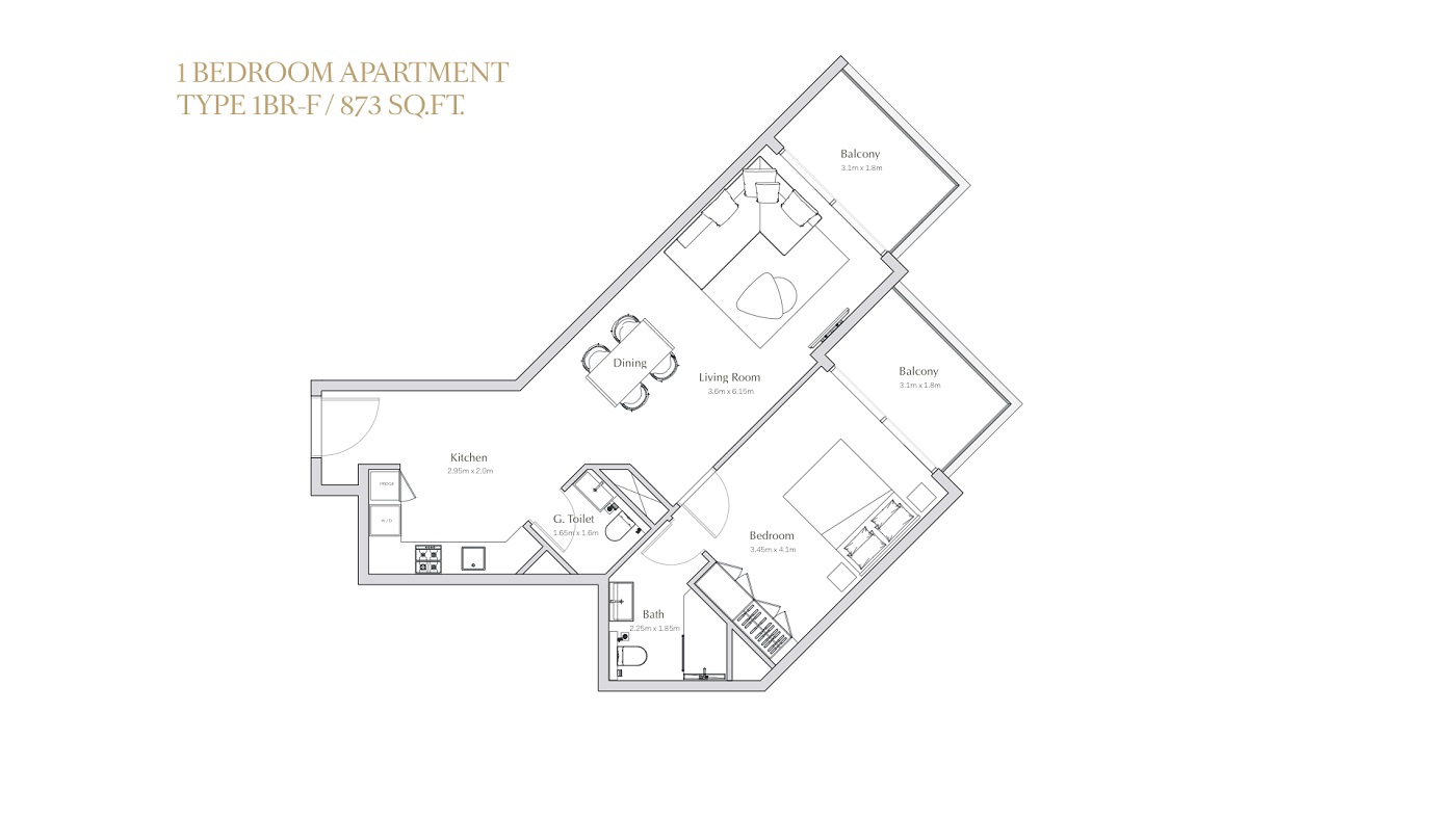 Deyaar Regalia 1 Bed Layout