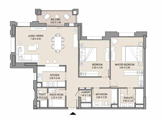 Dubai Asayel Apartments 2 Beds Layout