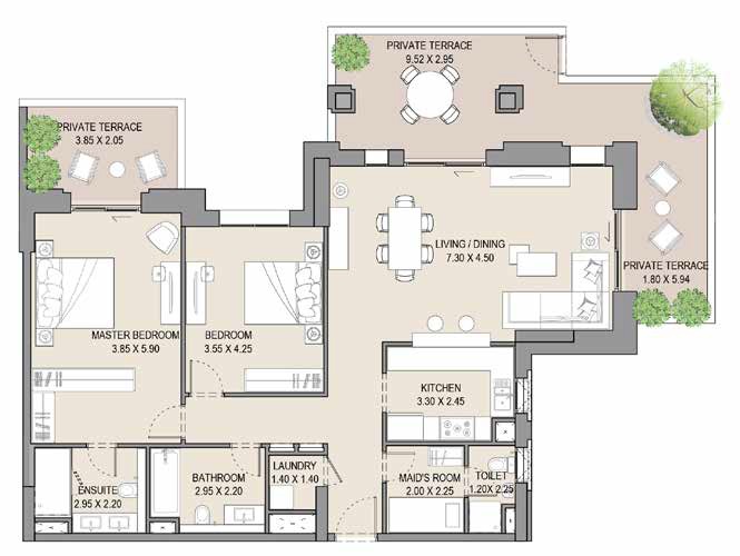 Dubai Asayel Apartments 2 Beds Layout