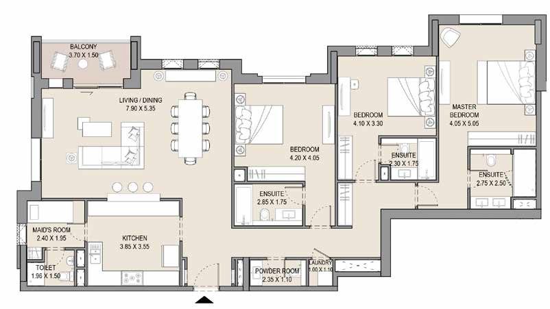 Dubai Asayel Apartments 3 Beds Layout