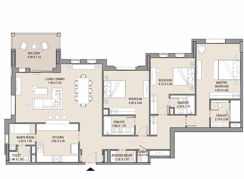 Dubai Asayel Apartments 3 Beds Layout