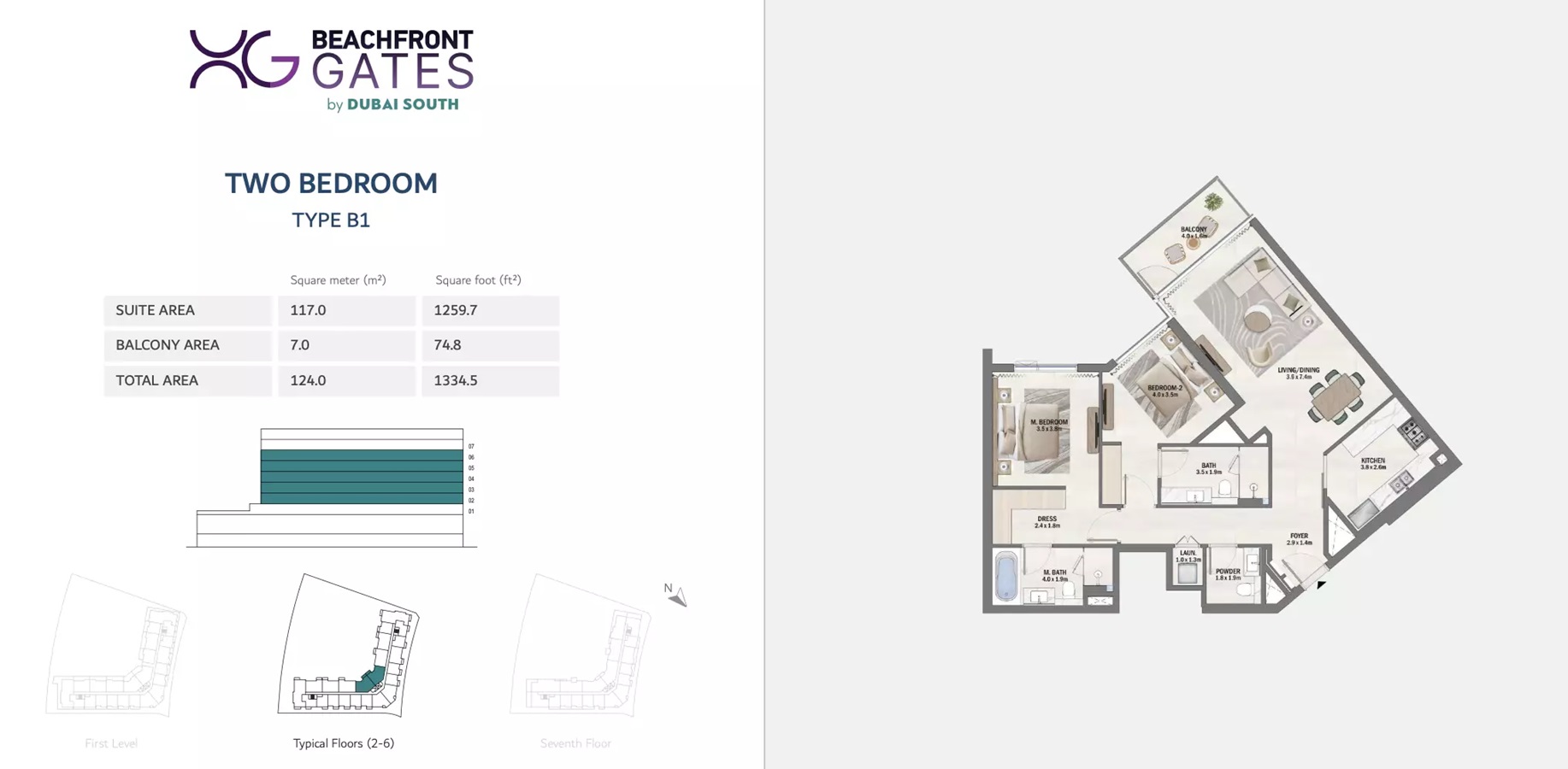 2 Beds 1334 Sq. Ft. Apartment in Dubai Beachfront Gates