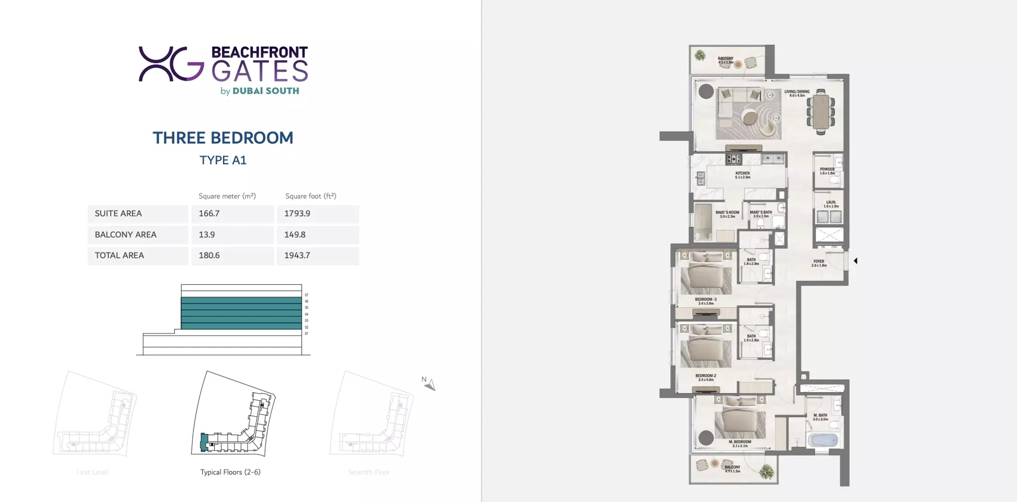 3 Beds 1944 Sq. Ft. Apartment in Dubai Beachfront Gates