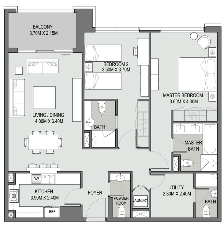Dubai Bellevue Towers 2 Beds Layout