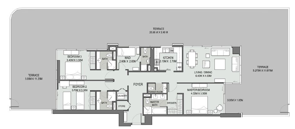 Dubai Bellevue Towers 3 Beds Layout